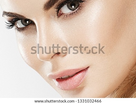 Beautiful eyes lashes woman blonde hair beauty face closeup healthy skin