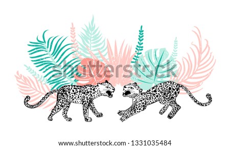 Composition with leopards and tropical leaves. Vector illustration for textile, postcard, invitation, poster, tattoo and packaging. White background.
