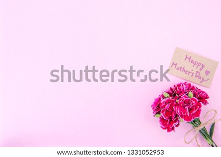 May mothers day idea concept photography - Beautiful blooming carnations tied by bow with kraft text card isolated on bright modern table, copy space, flat lay, top view
