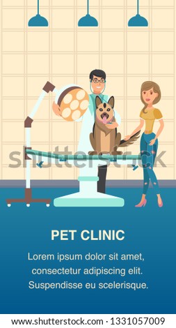 Pet Clinic Vector Color Poster Cartoon Template. Woman with Alsatian and Vet Doctor in Examination room. Pet Lover, Veterinarian and Dog Cartoon Character. Animal Hospital Illustration with Copyspace