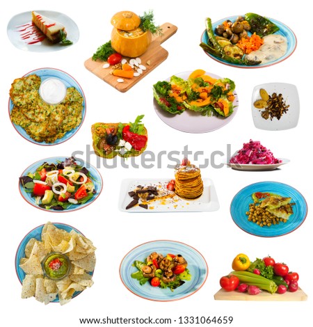 Picture of set of many plates with tasty vegetarian food  isolated on white background