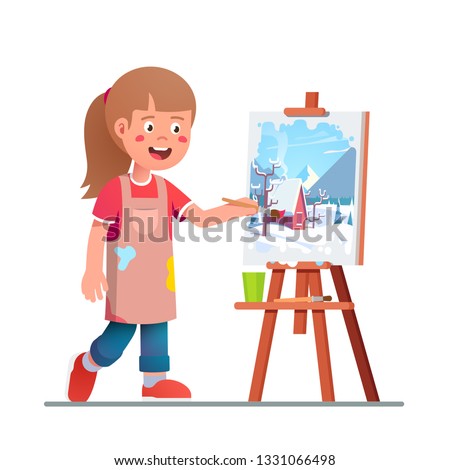 Smiling artist girl kid painting winter picture on canvas on easel. Genius painter student learning and mastering paint. Child art education. Flat vector isolated character illustration