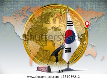 Bitcoin and South Korea flag Country member of G20 and G7 on metal rack with microphone and name plate against world map background with fall binary code Mining gold coin of crypto currency 3d render