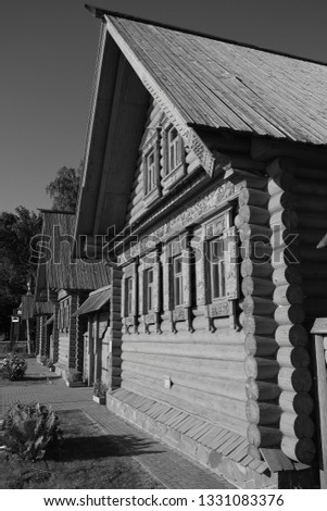 Wooden architecture of Russia. City Gorodets, reconstruction. Black and white version.