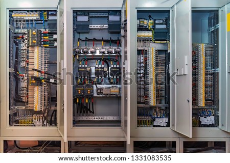 Open circuit board connection or eletrical panel in modern building Royalty-Free Stock Photo #1331083535