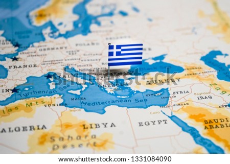 the Flag of greece in the world map