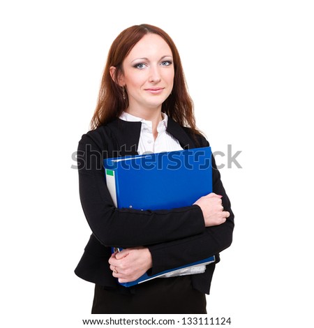 Portrait of a pretty young businesswoman  with folder standing on a white background