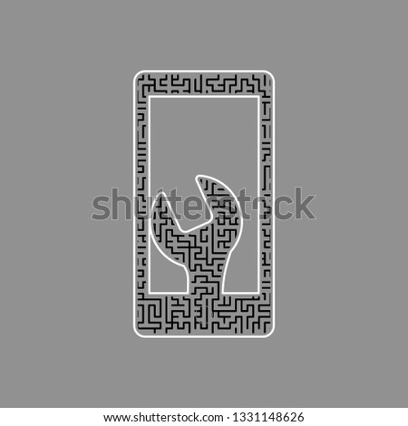 Phone icon with settings. Vector. Black maze filled icon with white border at gray background.