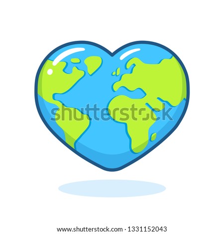 Cute cartoon planet Earth drawing in heart shape. Nature and ecology vector clip art illustration. Earth Day poster design element.