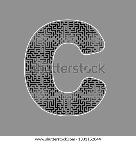 Letter C sign design template element. Vector. Black maze filled icon with white border at gray background.