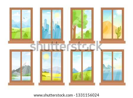 Vector illustration of windows with landscapes, city view, clouds, sun, mountains, sea, desert, field, garden, lake, nature, windowsill in flat cartoon style.  Window day time view background.