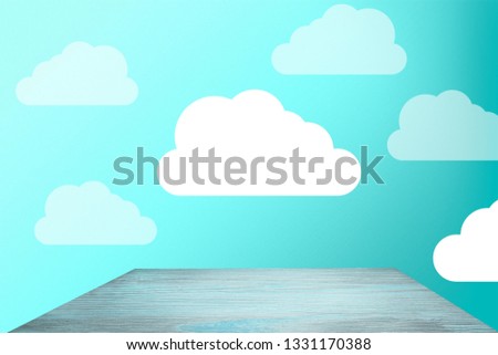 beautiful blue wall with clouds and empty white tabletop in cute nursery
    
    - Image