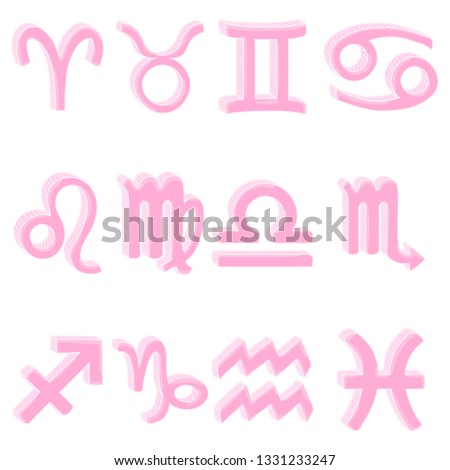 Vector Cartoon Set of 12 Pink Zodiac Signs
