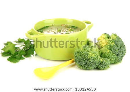 Diet soup with vegetables in pan isolated on white
