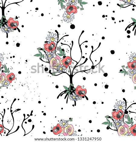 Vector hand drawn seamless pattern graphic illustration of tree with flowers leaves branch Sketch drawing, doodle style Artistic abstract, watercolor wirh drip blot splotch ink splodge spray
