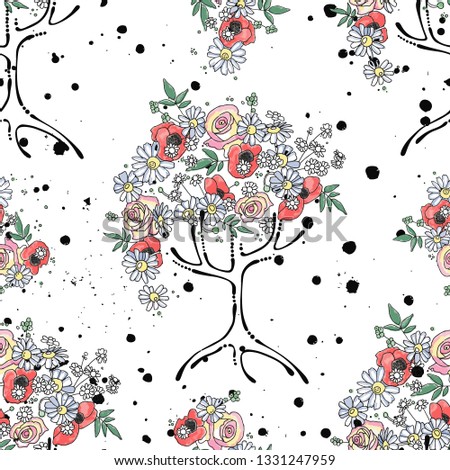 Vector hand drawn seamless pattern graphic illustration of tree with flowers leaves branch. Sketch drawing, doodle style Artistic abstract, watercolor wirh drip blot splotch ink splodge spray