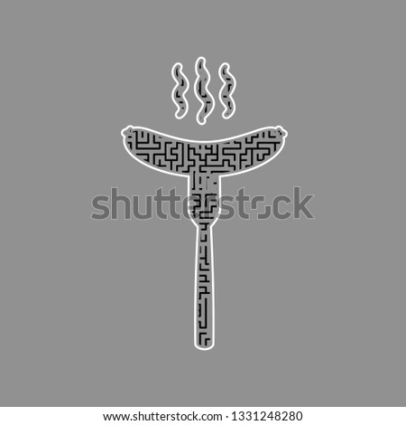 Sausage on fork sign. Vector. Black maze filled icon with white border at gray background.
