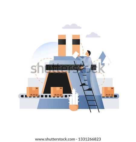 Industrial enterprise conveyor belt with cardboard boxes, data statistics bar graph, vector illustration. Packaging factory concept for web banner, website page, presentation etc.