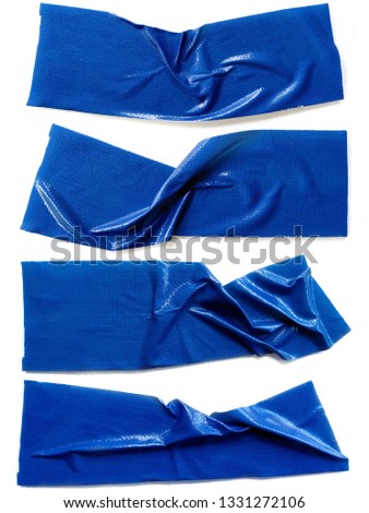 Torn blue sticky tape on white background. Set of blue tapes on white background. Blue duct repair tape isolated on white background.