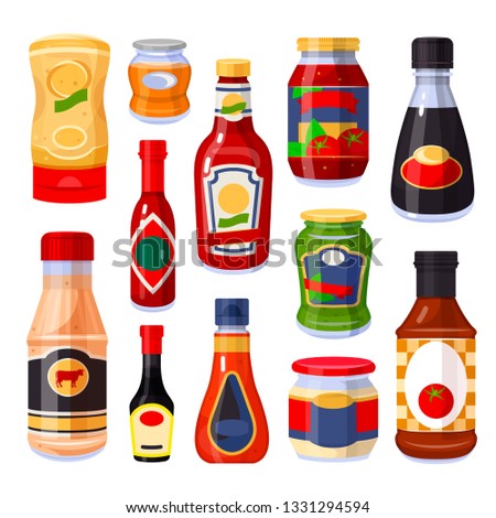 Sauces and spices, ketchup in bottles set. Ingredient used for flavoring, coloring or preserving food. Vector flat style cartoon illustration isolated on white background Royalty-Free Stock Photo #1331294594
