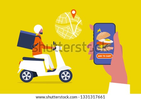 Food delivery service. Mobile application. Young indian male courier with a large backpack riding a motor bike. Flat editable vector illustration, clip art