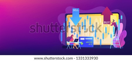 Tiny people stock traders at laptop with graph chart buy and sell shares. Stock market index, stockbroking company, stock exchange data concept. Header or footer banner template with copy space.