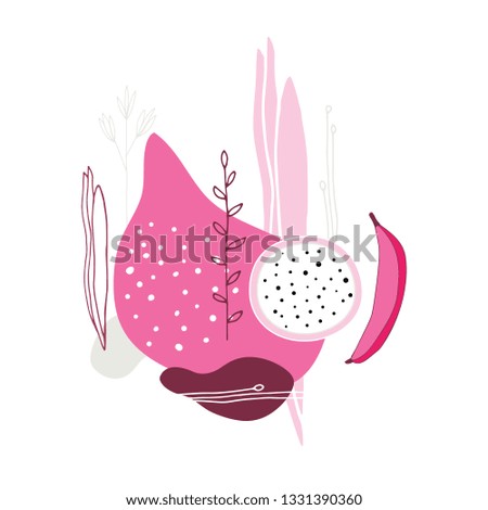 Exotic fruits on white background Stylish abstract hand drawn design elements polka dots circle lines shapes Colorful graphics Modern unique fun  