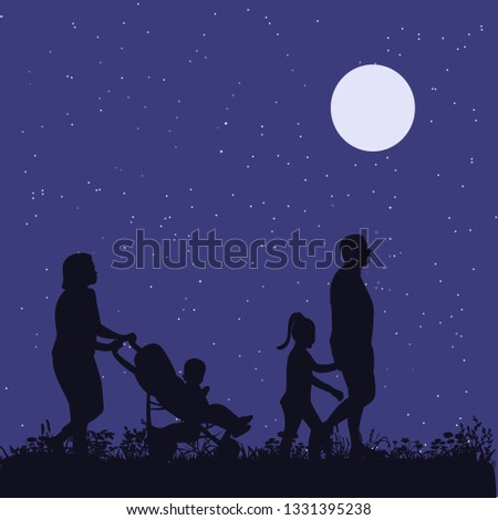 isolated, family walk in the park, silhouette
