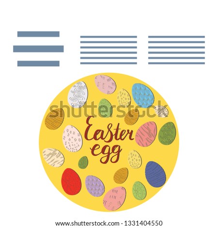 Round shape made of Easter eggs. Hand lettering phrase Easter eggs made with ink brush. Text frame isolated on white background. Vector illustration. 