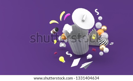 Trash opens in the garbage on a purple background.-3d rendering.