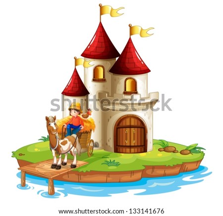 Illustration of a boy and his cart in front of a castle on a white background