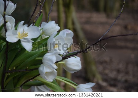 White flowers in a vase in front of a wooden cross in a burial forest
