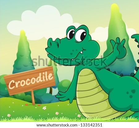 Illustration of a crocodile beside a wooden signboard