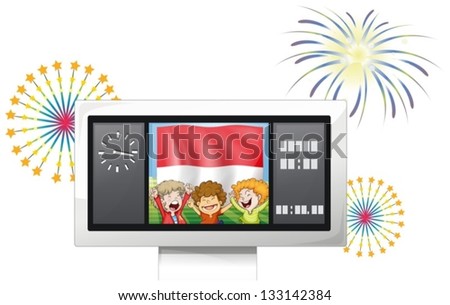 Illustration of the flag of Indonesia with three kids inside a scoreboard on a white background