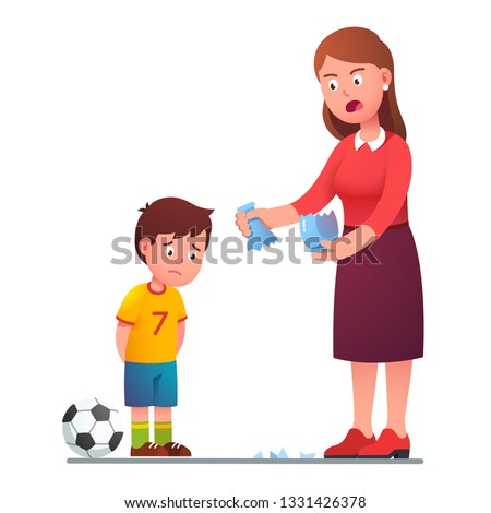 Angry mother scolding sad preschool son kid for breaking vase while playing football. Upset guilty boy child with soccer ball. Parenting and misbehavior. Flat character vector isolated illustration Royalty-Free Stock Photo #1331426378