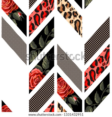 Seamless pattern with roses, leopard skin, dots and lines. 