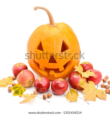 Pumpkin-head, nuts, apples and yellow leaves isolated on white background. Halloween is a fun holiday.