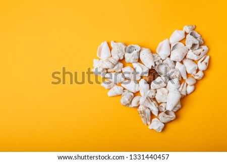 Heart from seashells on orange background. Love summer. Sea holidays. Hot sunny background