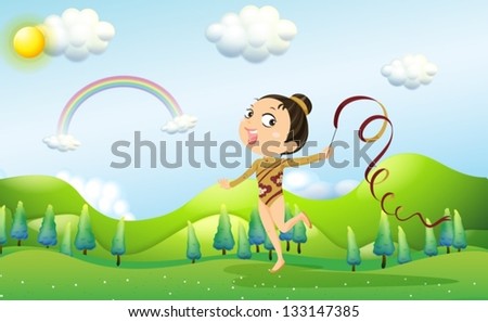Illustration of a dancer bringing a stick with ribbon