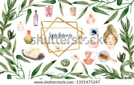 Set SPA element hand drawn watercolor illustration on a white background isolated. Collection of SPA and Beauty products clip art.treatment banner Design for cosmetics, store,spa and beauty salon