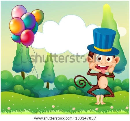 Illustration of a monkey with balloons in the hilltop