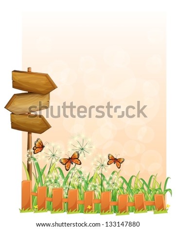 Illustration of a garden scenery with a wooden arrow board on a white background