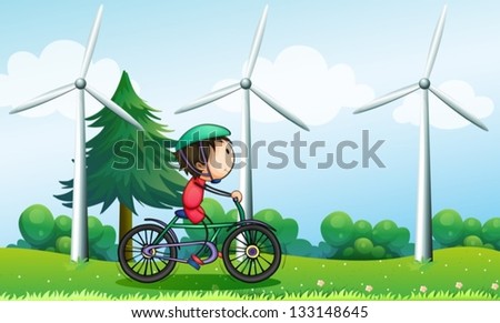 Illustration of a boy riding with his bike near the windmills
