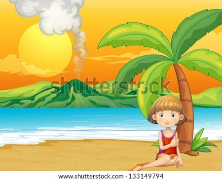 Illustration of a girl holding a book at the seashore