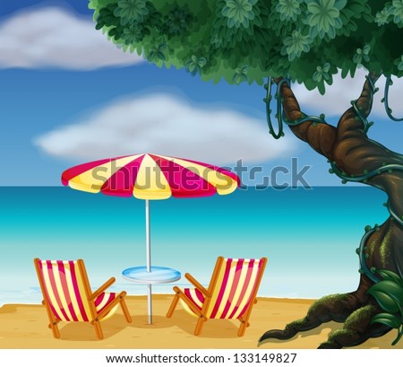Illustration of the two chairs with umbrella at the beach