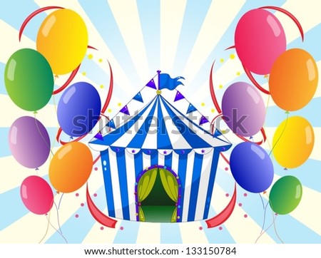 Illustration of the welve colorful balloons and the stripe tent