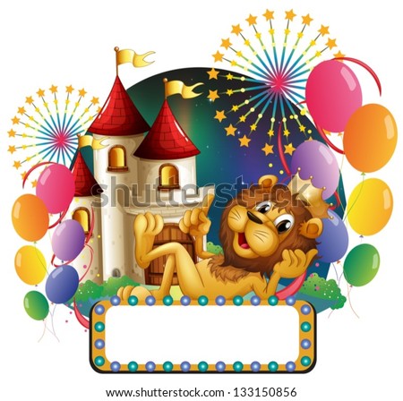 Illustration of a lion king lying in front of a castle with balloons and fireworks on a white background
