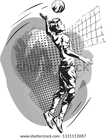 Black and white image of a young man playing volleyball. Vector drawing by hand.