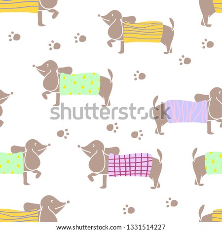 Seamless pattern with dachshund characters wearing knit sweater of various patterns. Vector illustration flat design.