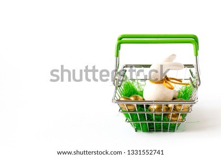 Happy Easter background.Easter eggs colorful in the Shopping basket  isolated on white background. Festive concept.Copy space for Text.